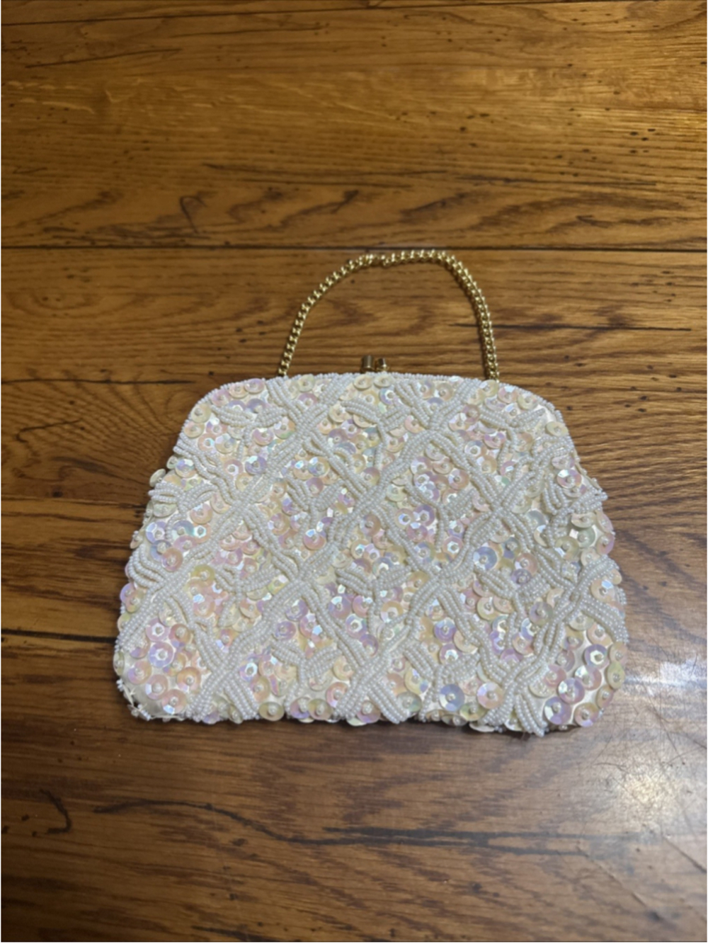Vintage Safco Beaded Evening Bag Opalescent Sequins Gold tone Satin inside 7x5"